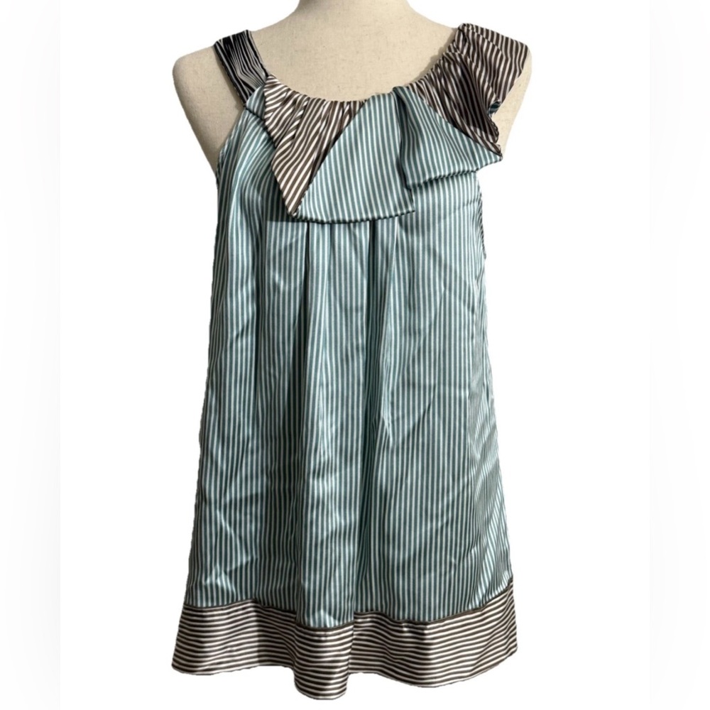 BCBG Max Azria Ivory Green Brown silk applique ruffle Stripe Blouse Tie size M